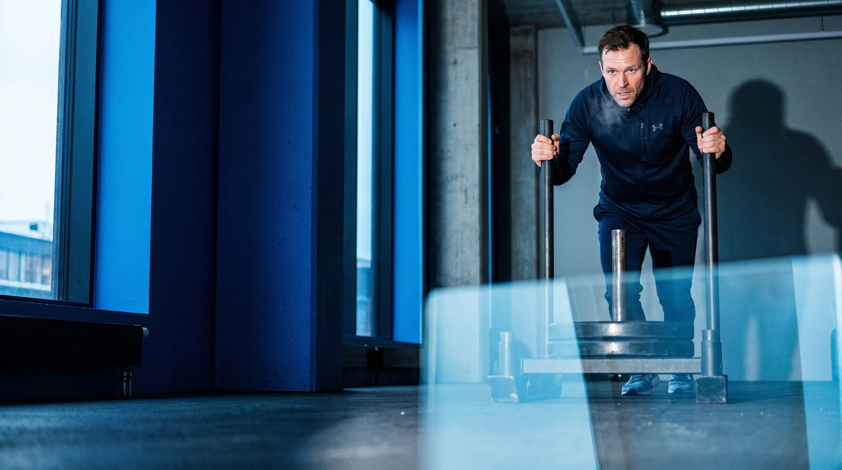 Man pushing a weighted sled through a blue-lit training studio.